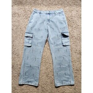 YoungLA 6028 Mens L Streetwear Baggy Jeans Cargo Light Wash All Over Print Blue